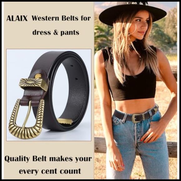 Western Leather Belt Vintage Chic Adjustable Silver Gold Buckle Accessory main image 6
